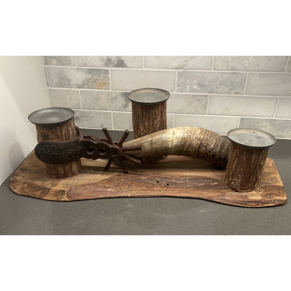 Western Handcrafted rustic wooden candle holder with a real spur and cowhorn